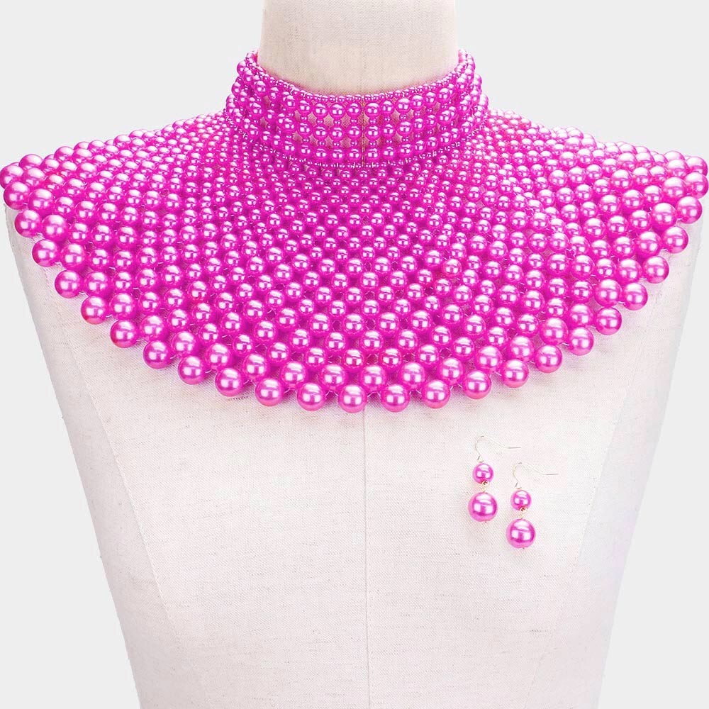 Fuchsia Pearl Armor Bib Choker Statement Necklace